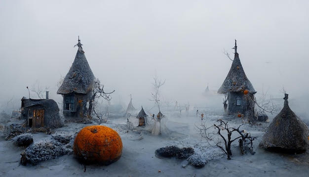 Witch Village with Pumpkins in the Mist.realistic halloween festival illustration.