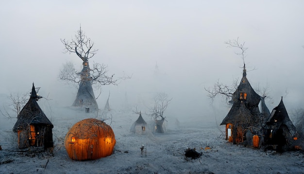 Witch Village with Pumpkins in the Mist.realistic halloween festival illustration.