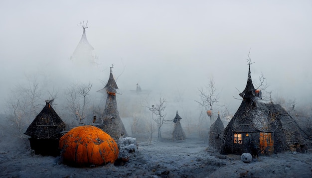 Witch Village with Pumpkins in the Mist.realistic halloween festival illustration.