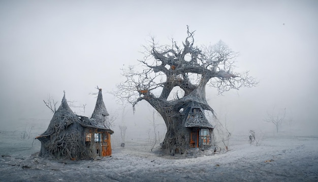 Witch Village with Pumpkins in the Mist.realistic halloween festival illustration.