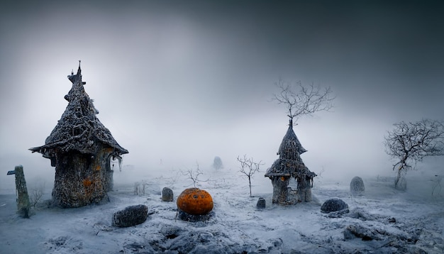 Witch Village with Pumpkins in the Mist.realistic halloween festival illustration.