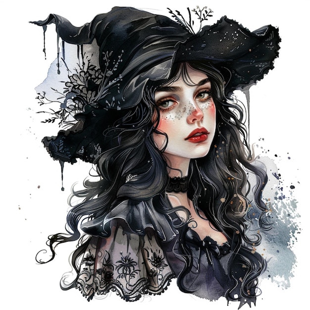 witch with black hat and black feathers and a crow on her head generative ai