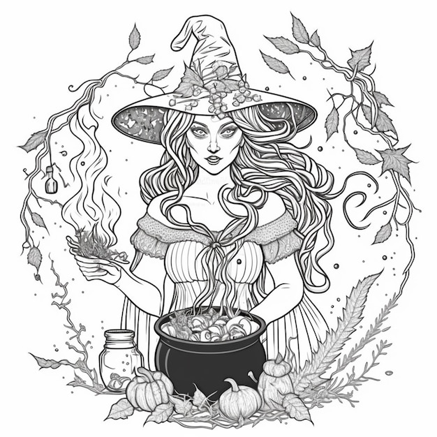 Witch with a cauldron and pumpkins.