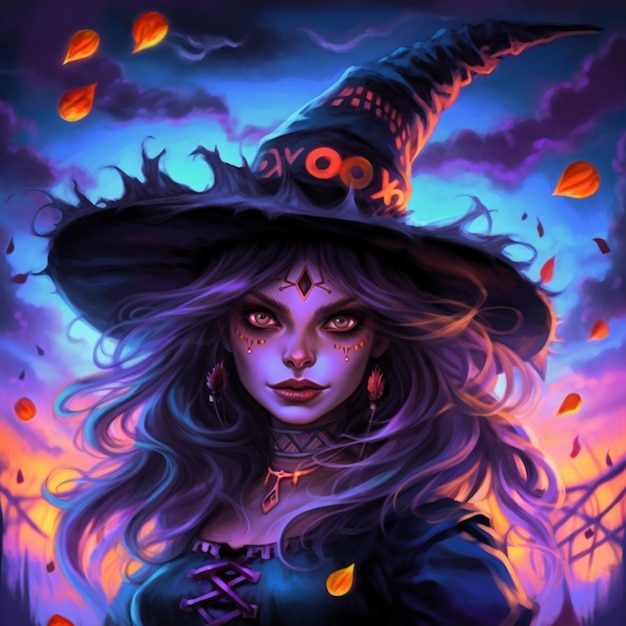 witch with a hat and a pumpkin on her head generative ai