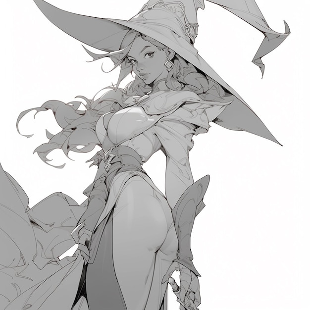 witch with a hat and a sword standing in front of a bird generative ai