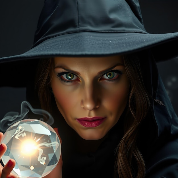 Photo witch with intense gaze holding a glowing crystal