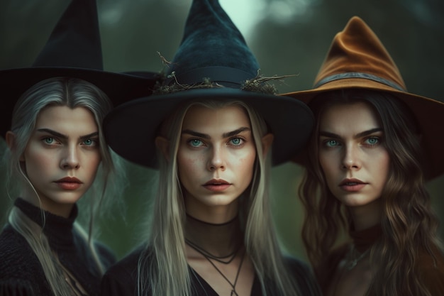 Witch with making witchcraft magic spells hat conjuring Spooky dark magic forest Magician Wide Halloween party art design Terrifying scary personage beautiful sorceress