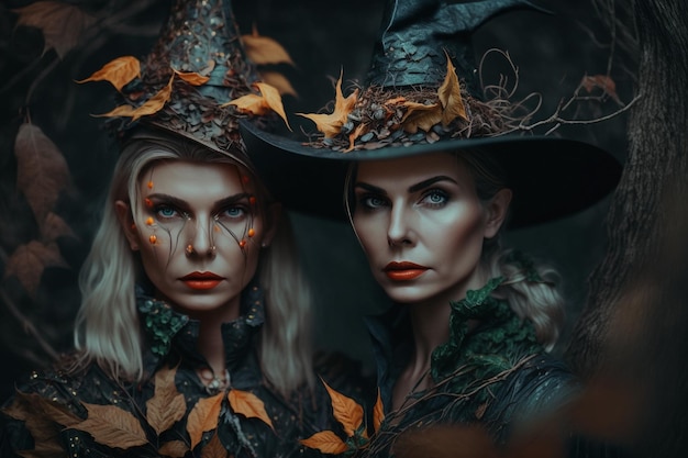 Witch with making witchcraft magic spells hat conjuring Spooky dark magic forest Magician Wide Halloween party art design Terrifying scary personage beautiful sorceress