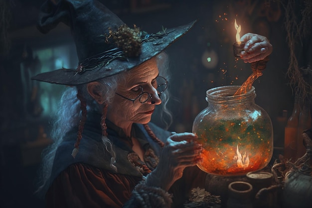 Witch with making witchcraft magic spells hat conjuring Spooky dark magic forest Magician Wide Halloween party art design Terrifying scary personage beautiful sorceress