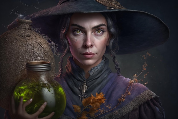 Witch with making witchcraft magic spells hat conjuring Spooky dark magic forest Magician Wide Halloween party art design Terrifying scary personage beautiful sorceress