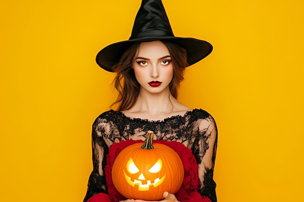 Photo a witch with a pumpkin on her head