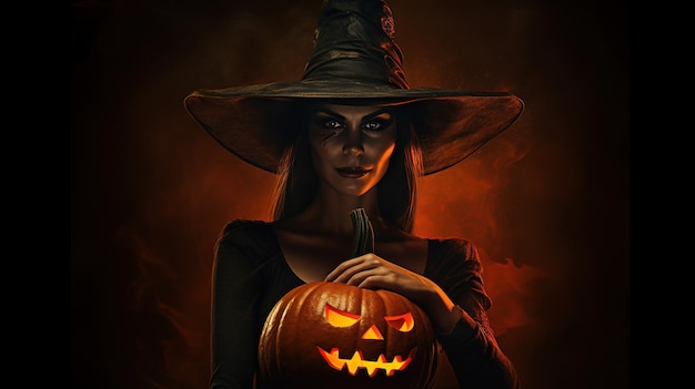 A witch with a pumpkin on her head