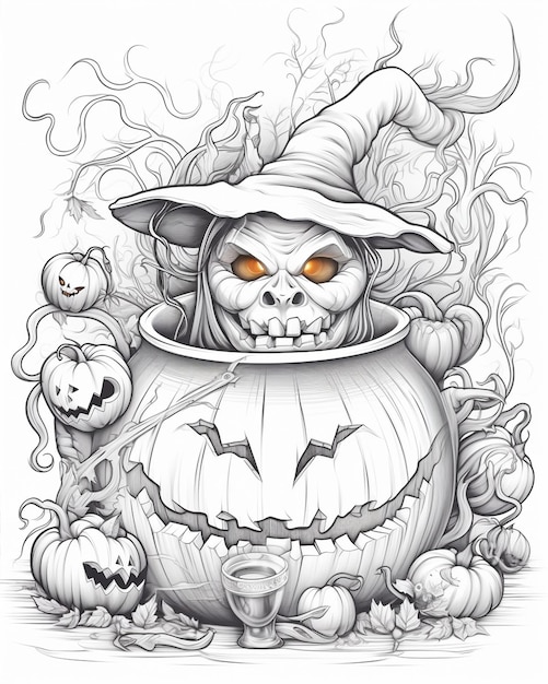 Photo witch with pumpkin pot coloring page