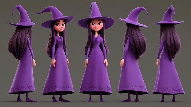 Photo witch with purple dress and hat 3d rendered illustration