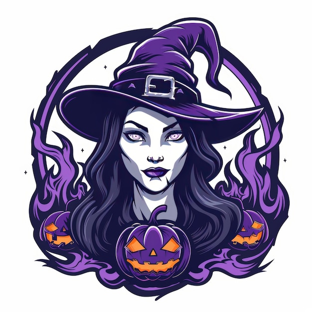 A witch with a purple hat and long black hair is surrounded by flames and jackolanterns