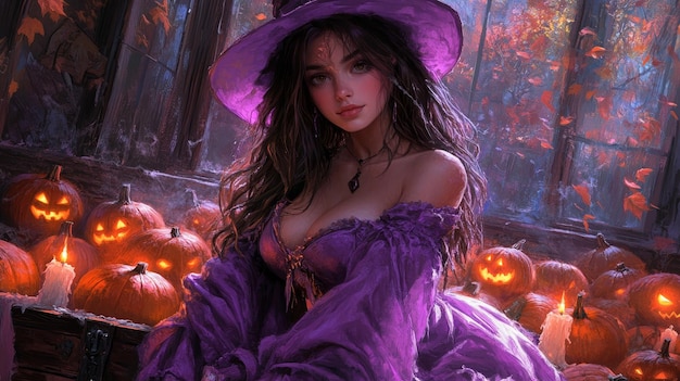 a witch with a purple hat and purple dress is sitting in a forest