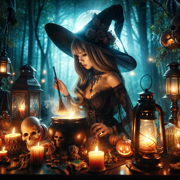 Photo a witch with a witch hat is standing in front of a collection of lanterns