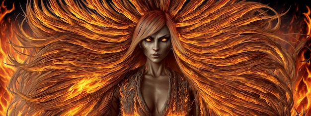 Witch woman with flaming flying hair and fiery eyes on a dark background Illustration with evil demon in a female form with a burning charred hairdo Generative AI