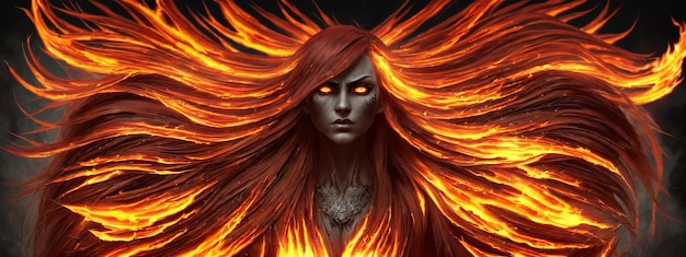 Witch woman with flaming flying red hair and fiery eyes on a dark background Illustration with evil demon in a female form with a burning charred hairdo Generative AI