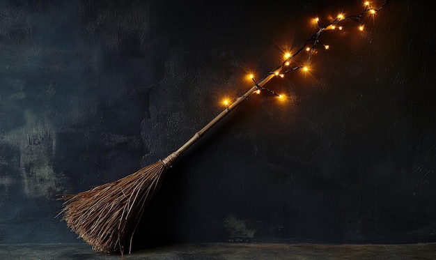 Photo witch39s broom adorned with glowing garlands