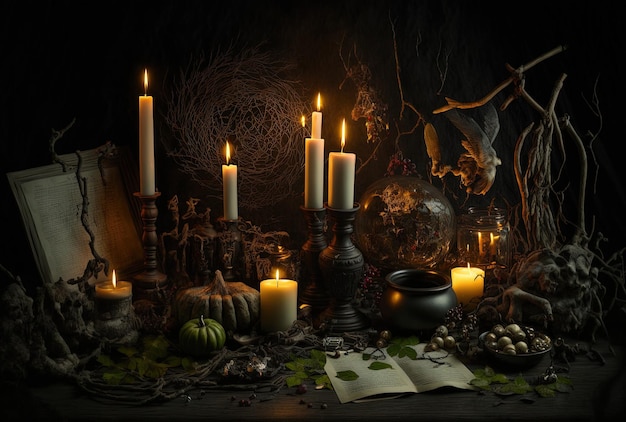 Witchcraft arrangement in the dark with candles