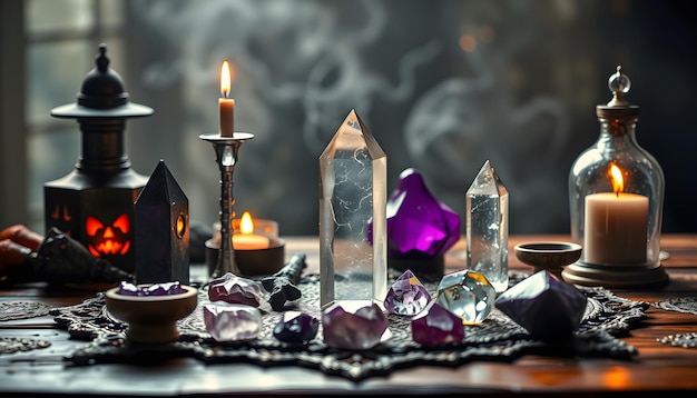 Photo witchcraft table set selective focus at magic crystal stones for alchemy and esoteric cult