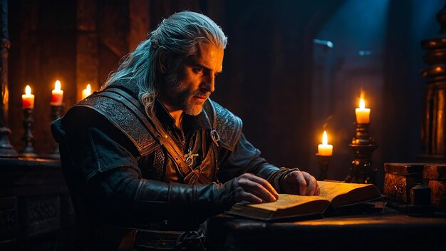 Witcher Consults Ancient Tome In Candlelit Room Mystery Awaits