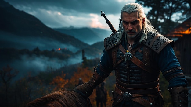 Witcher Observing Distant Storm Over Hills Generated By AI