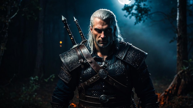 Witcher Stands Ready In Dark Forest Sword Gleaming Under Moon