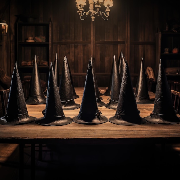 Witches' hats lined up on a table