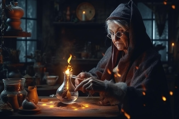 Witches tale fantasy Halloween otherworldly forces hat conjuring making witchcraft Magician Medieval dress silk clothes Sorcery brewing a potion A gloomy dramatic background Generative AI