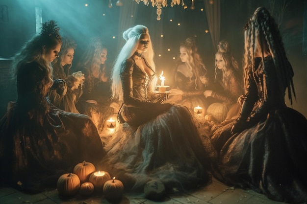 Witches tale fantasy Halloween otherworldly forces hat conjuring making witchcraft Magician Medieval dress silk clothes Sorcery brewing a potion A gloomy dramatic background Generative AI