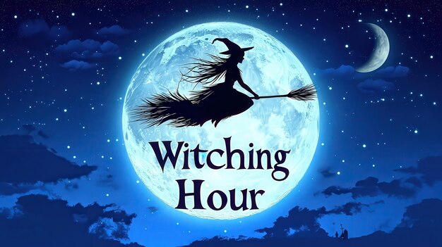 Photo witching hour with full moon and witch