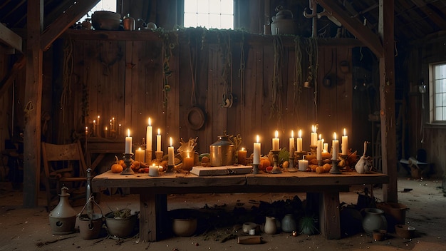 Photo witchs altar in an abandoned barn spell books herbs and a bubbling cauldron