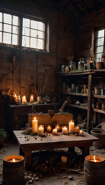 Photo witchs altar in an abandoned barn spell books herbs and a bubbling cauldron