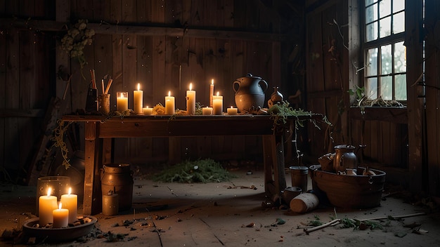 Photo witchs altar in an abandoned barn spell books herbs and a bubbling cauldron