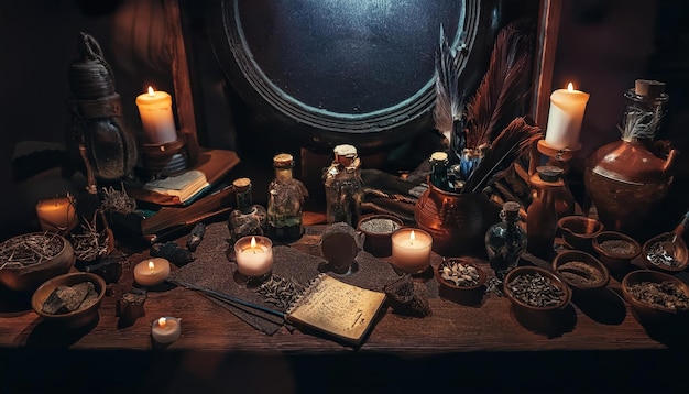 Photo witchs altar detailed with dark horror vibe mysterious artifacts