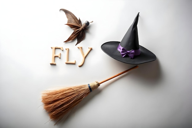 Photo witchs broom and hat with fly text concept as an isolated vector featuring a witchs broom and hat wi