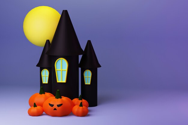 Witchs castle and mountain of pumpkins illuminated by the moon halloween concept 3d illustration