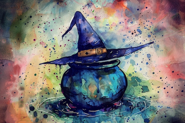 Photo witchs cauldron with a magical hat