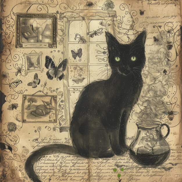 Photo witchs companion vintage paper black cat