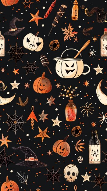 Witchs Essentials Pattern Witchy Halloween Set of witchcraft items Collection of witchy magic