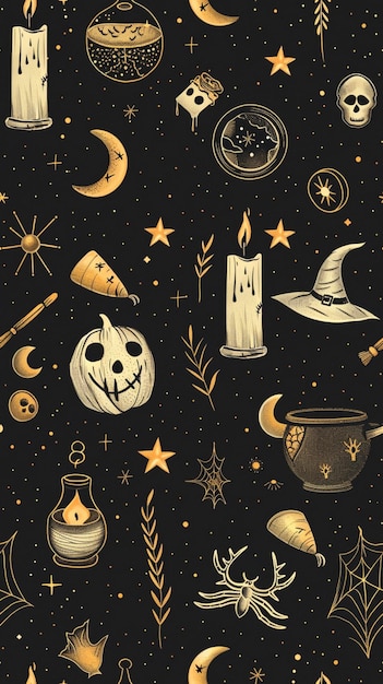 Witchs Essentials Pattern Witchy Halloween Set of witchcraft items Collection of witchy magic