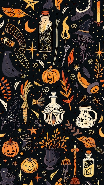 Witchs Essentials Pattern Witchy Halloween Set of witchcraft items Collection of witchy magic