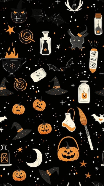 Witchs Essentials Pattern Witchy Halloween Set of witchcraft items Collection of witchy magic