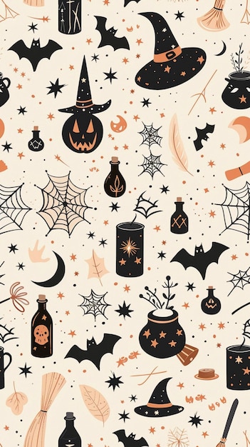 Witchs Essentials Pattern Witchy Halloween Set of witchcraft items Collection of witchy magic