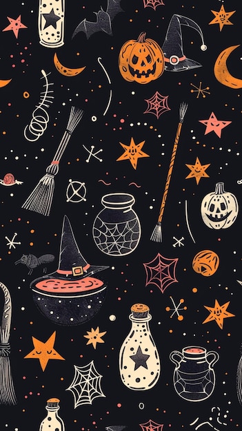 Witchs Essentials Pattern Witchy Halloween Set of witchcraft items Collection of witchy magic