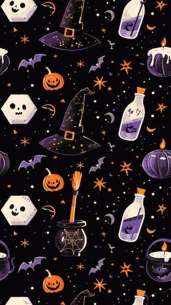 Witchs Essentials Pattern Witchy Halloween Set of witchcraft items Collection of witchy magic