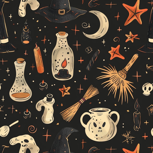 Witchs Essentials Pattern Witchy Halloween Set of witchcraft items Collection of witchy magic