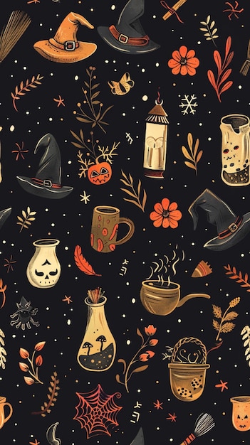 Witchs Essentials Pattern Witchy Halloween Set of witchcraft items Collection of witchy magic